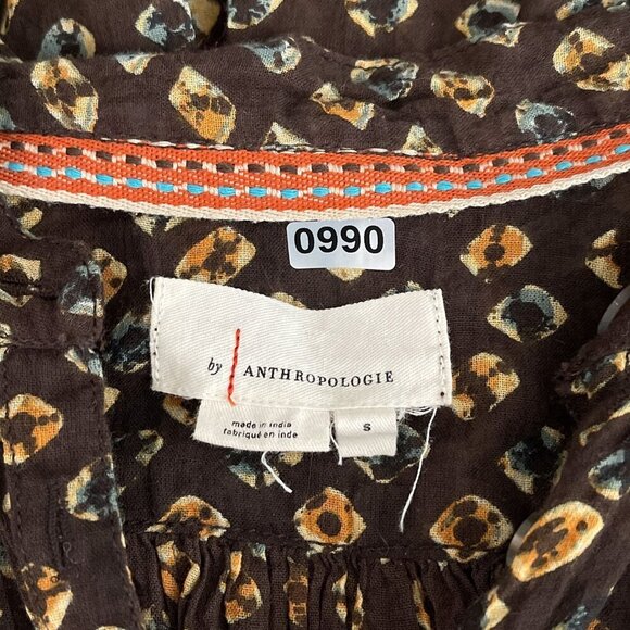 Anthropologie Boho Flowy Button-Down Tunic Blouse Cotton Brown Yellow Pattern S - Picture 6 of 11